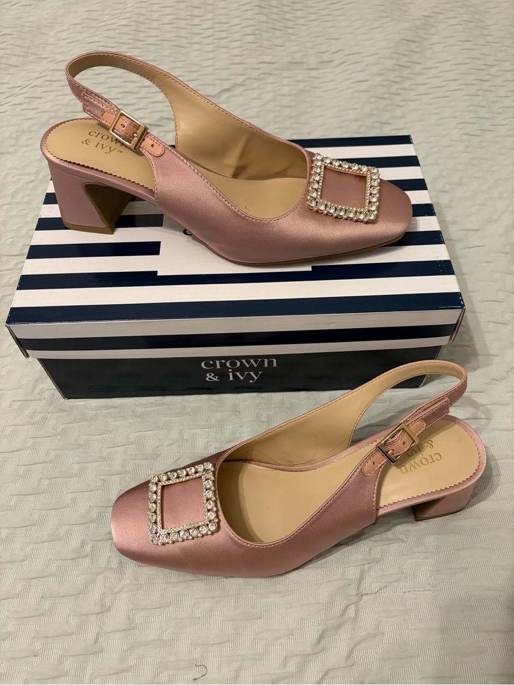 Pink Satin Slingback Heels with Crystal Buckle